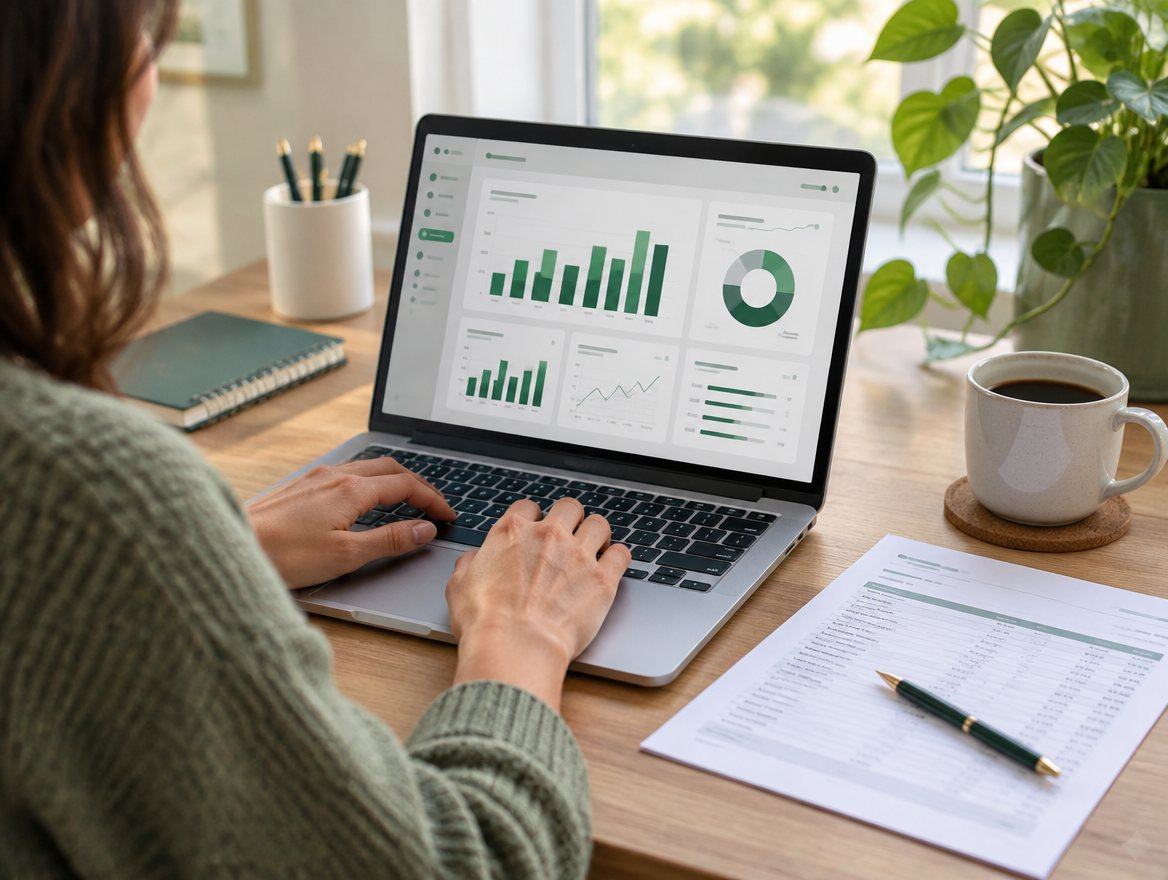 Bookkeeper reviewing clinic bank activity on a laptop beside printed statements